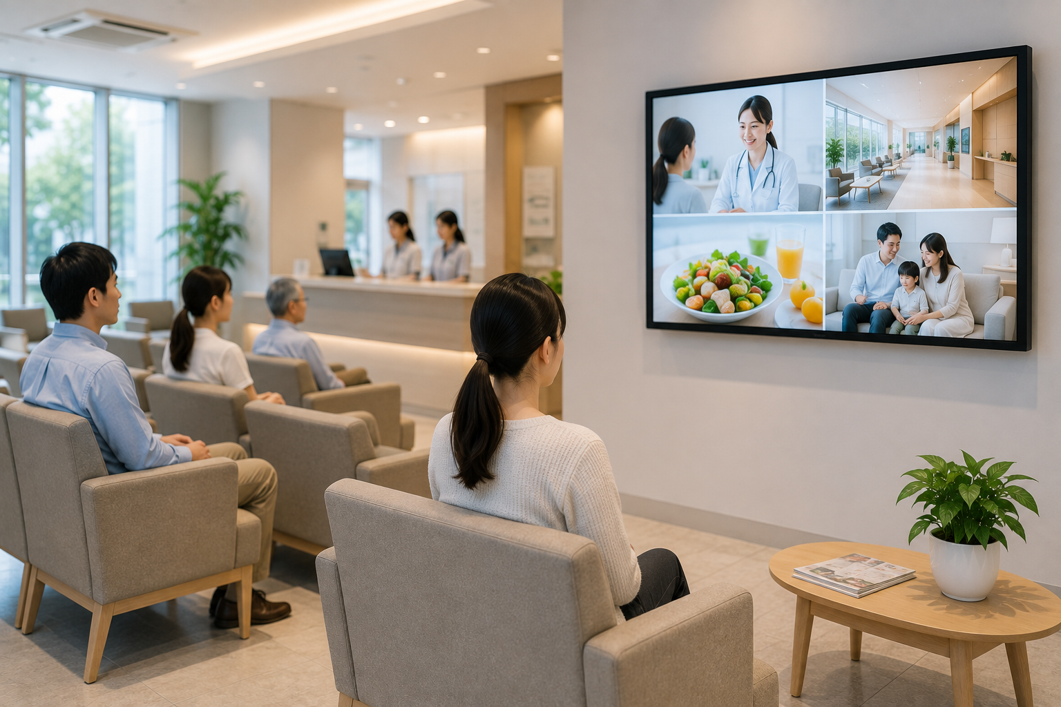 椅子に座った利用者から見やすい位置に設置されたサイネージ。