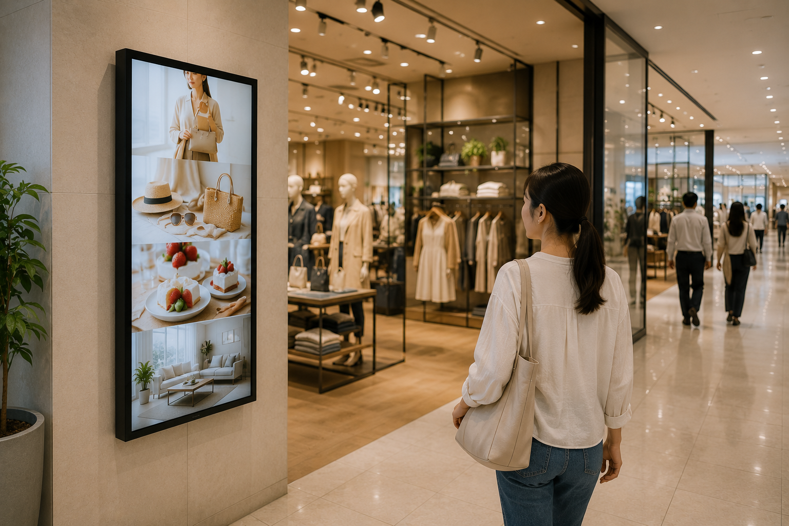 店舗入口で商品PRを表示するサイネージ。