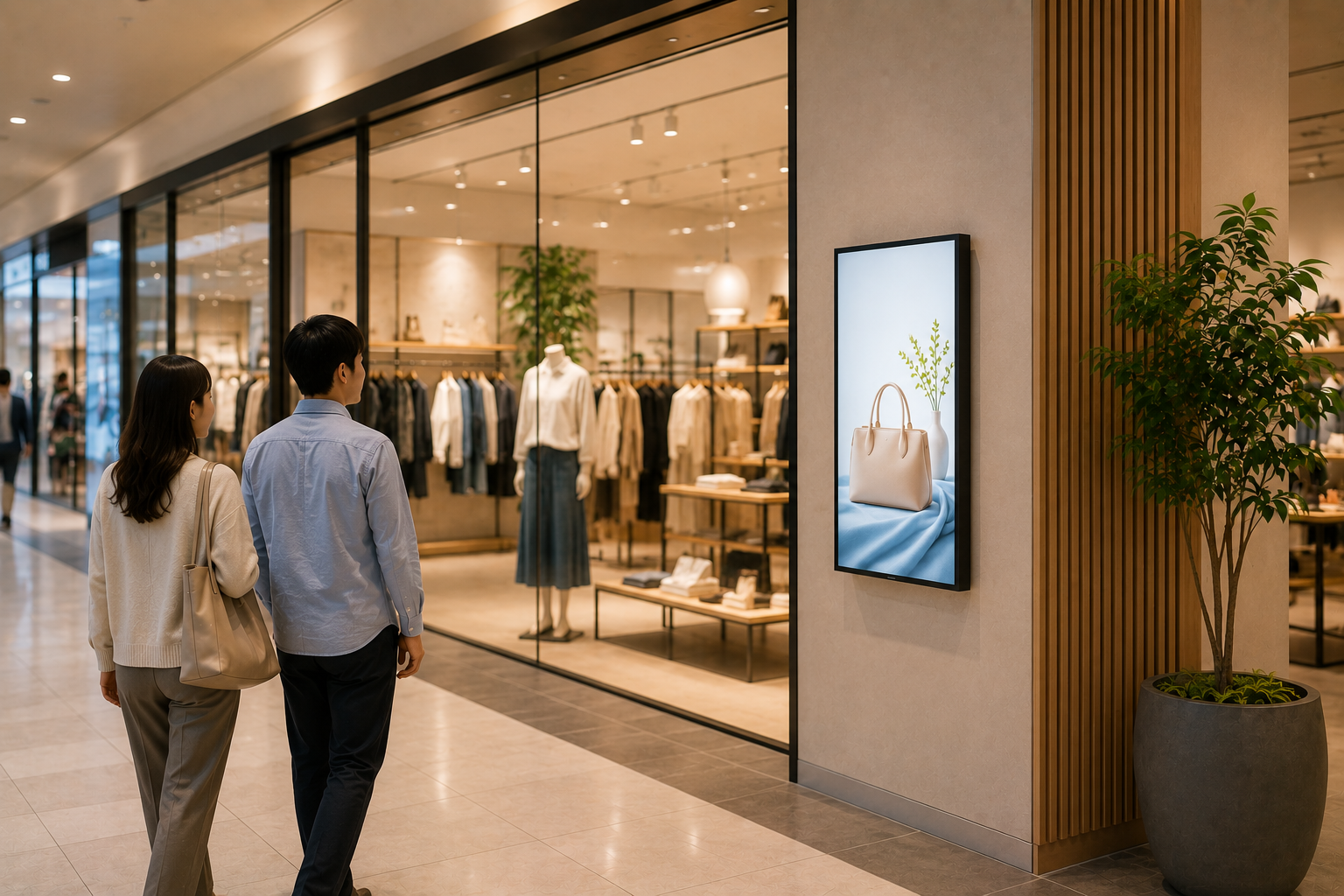 商業施設の店舗入口に設置された大型サイネージに、商品・サービスのビジュアルが表示されている様子。