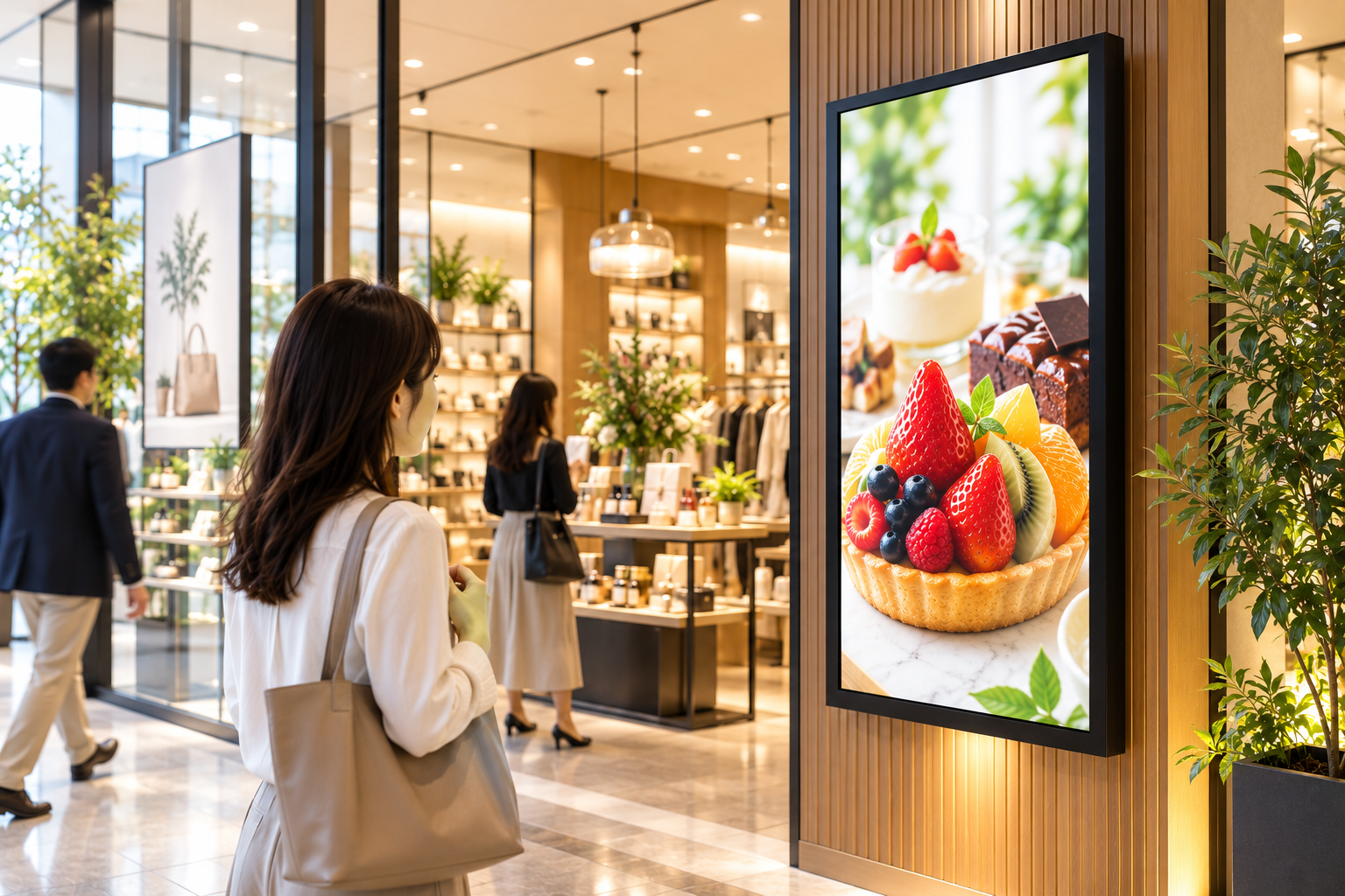 明るく上質な店舗。縦型サイネージいっぱいに商品写真を大きく表示し、通行する来店客が自然に目を向けている様子。文字なし。