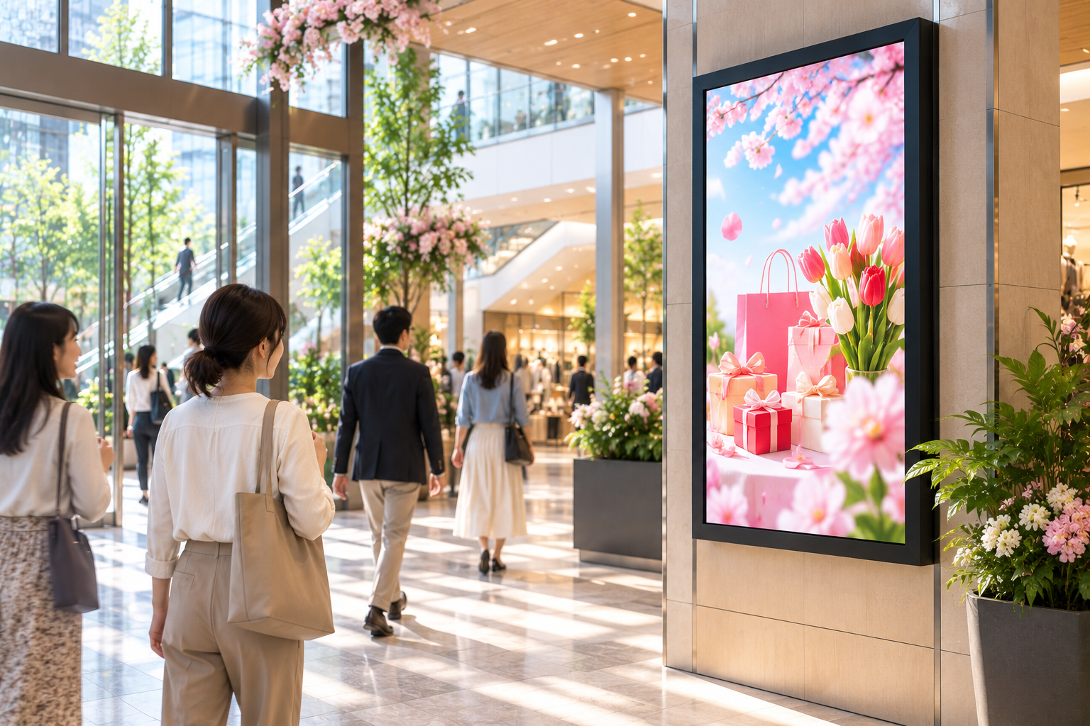 商業施設のエントランス。季節感のある華やかなビジュアルがサイネージに表示され、イベントやキャンペーンが開催されていることを視覚的に感じられる構図。文字なし。