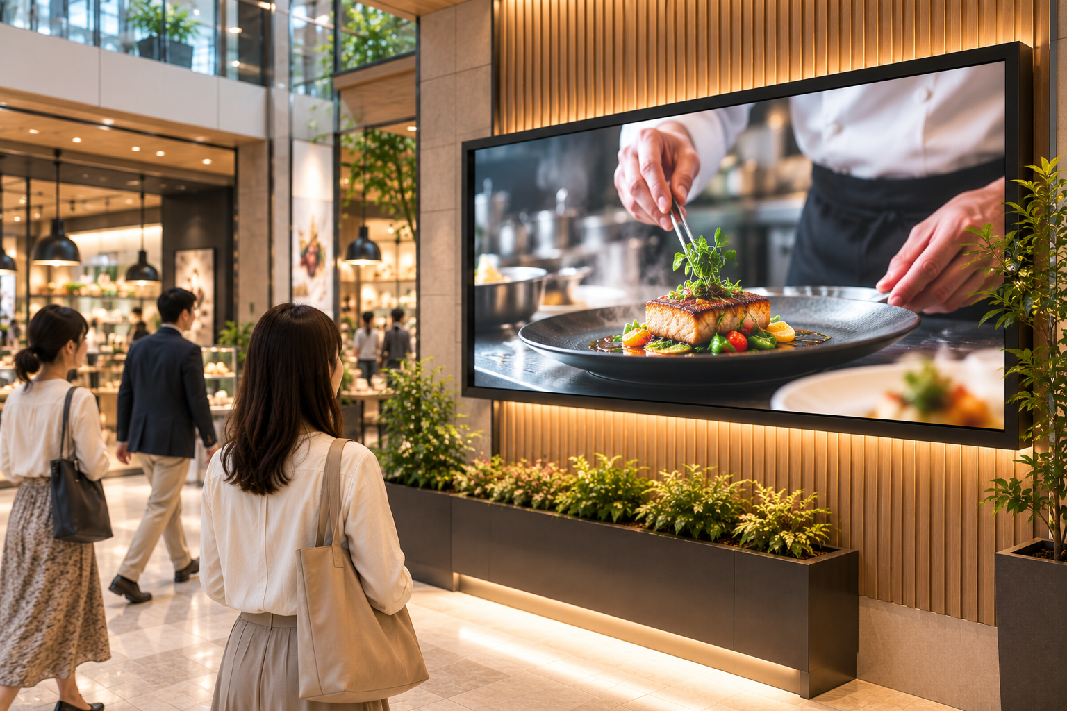 大型横型サイネージに、料理が完成する工程や商品の使用シーンなど、動画コンテンツの一場面が表示されている様子。動きが感じられる構図。文字なし。