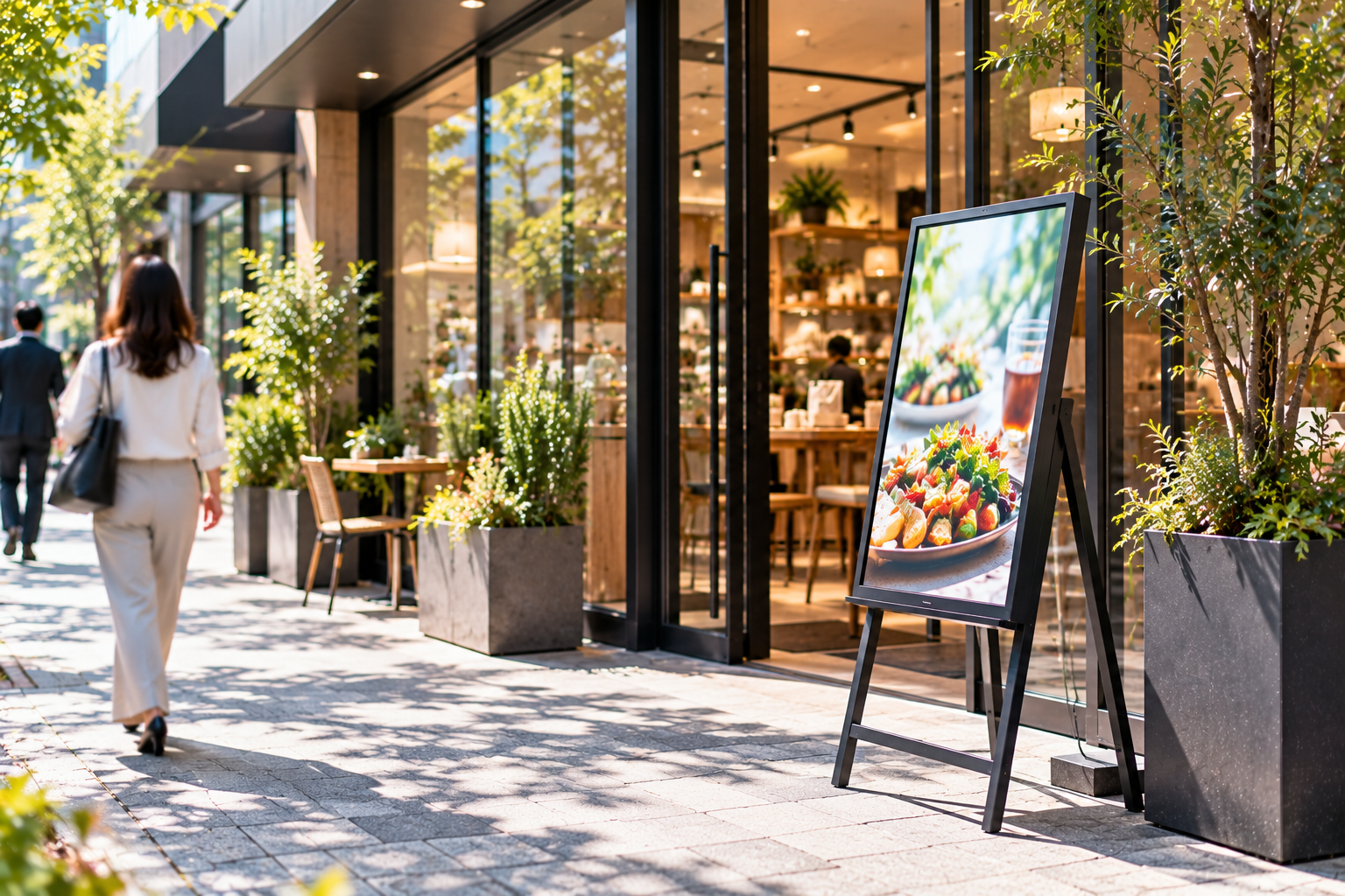 屋外の店舗や施設入口。強い日差しの中でも鮮明に表示されているサイネージ。屋外仕様らしい堅牢な筐体だが、デザイン性のある現実的な製品。文字なし。