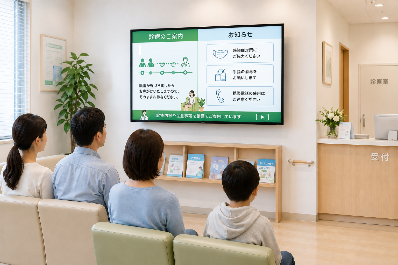 クリニック待合室でデジタルサイネージを活用しているイメージ